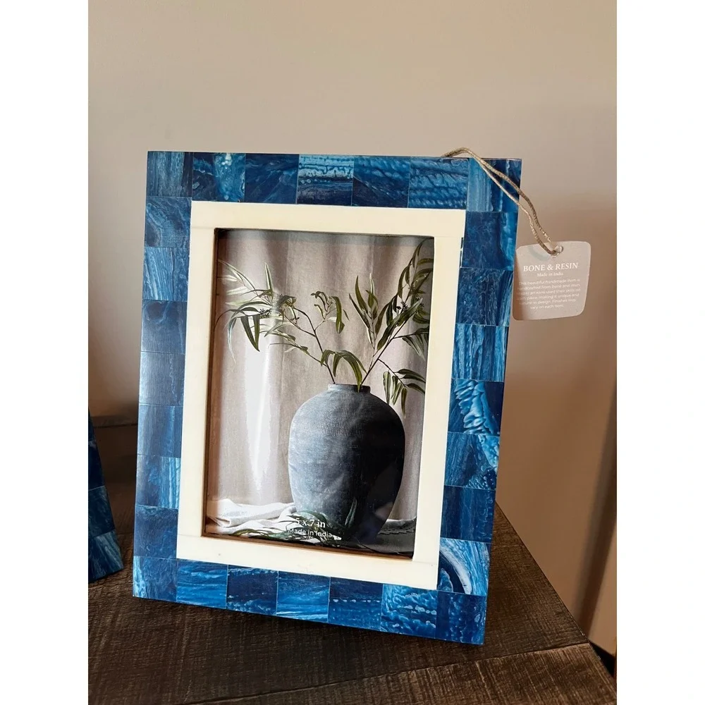 Set of 2 Blue Bone and Resin Mosaic Picture Frames 4x6 5x7 Handcrafted India